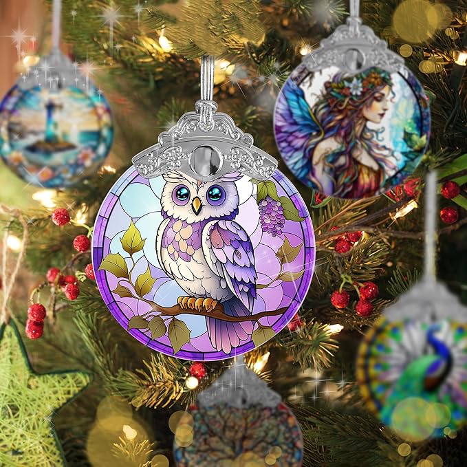 Stained Glass Suncatcher, Jocidea Owl Ornament, Christmas Ornaments, Holidays Ornaments, Christmas Tree Decor, Owl Decor for Home, Owl Gifts-VerdiqueGarden