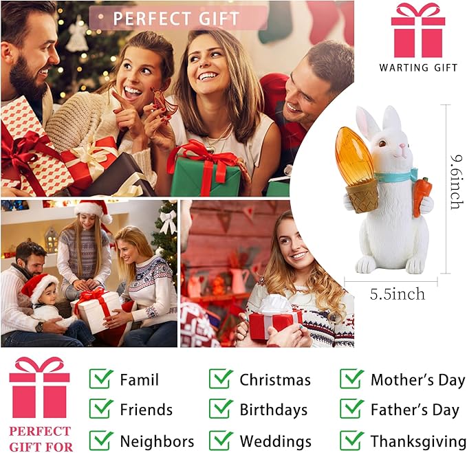 Garden Statues Rabbit with Solar Lights-Easter Bunny Outdoor Decor for Lawn,Balcony-Yard Garden&Patio Decor-Unique Gift for Mom Grandma,Unique Housewarming Gifts and Rabbit Yard Decoration-VerdiqueGarden