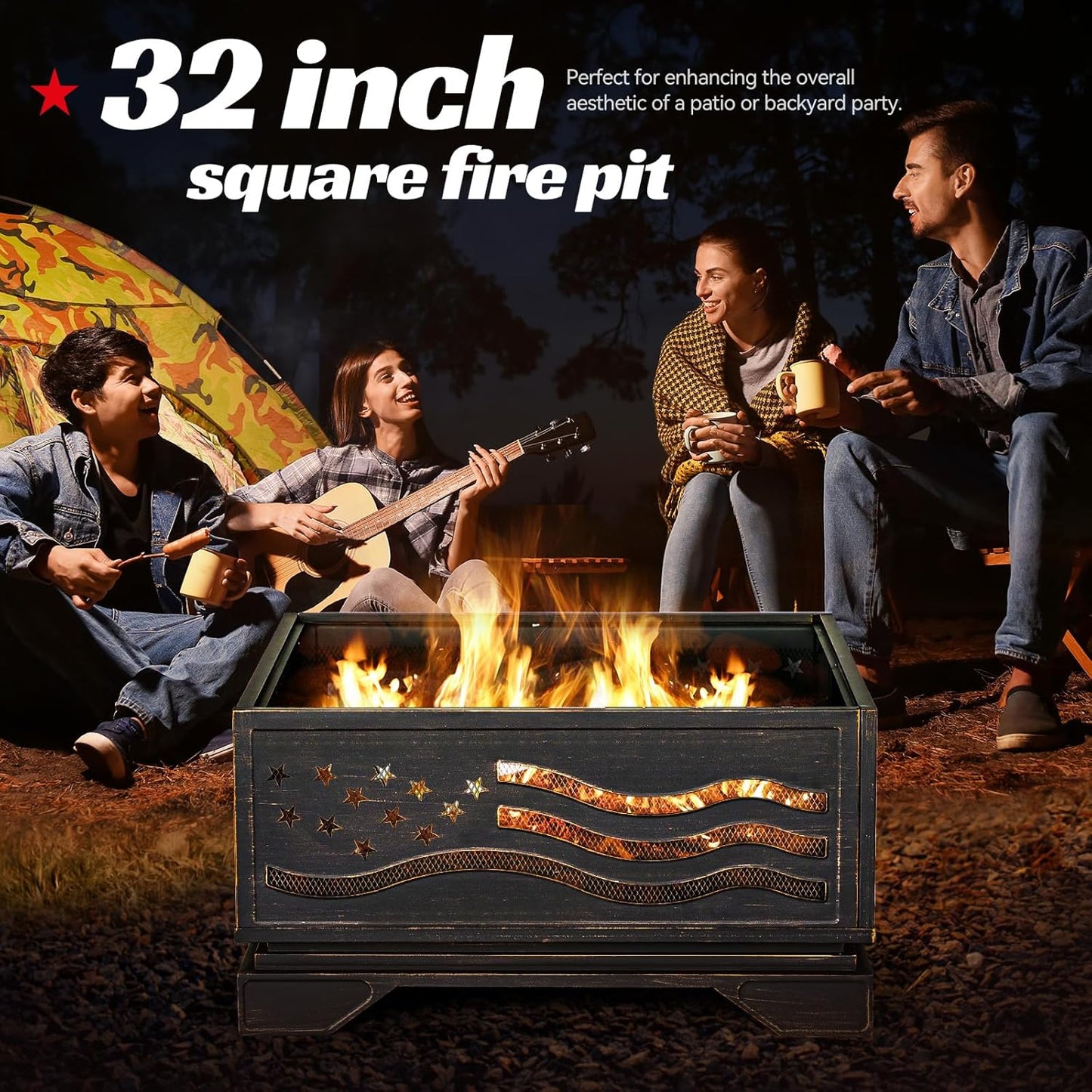 32Inch Square-Shaped Fire Pit,Outdoor Fire Pits with Spark Screen&Poker,Metal Square Wood Burning Firepits for Outside,Backyard,Bonfire,Patio,Party,Garden,Picnic and Camping(Antique Bronze)-VerdiqueGarden
