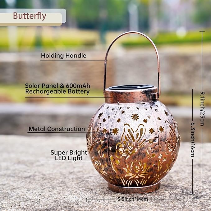 2 Pack Outdoor Solar Hanging Lantern Lights Metal LED Decorative Lamp for Garden Patio Porch Lawn and Table.Unique Gifts for Women Gardening. (Bronze Butterfly)-VerdiqueGarden