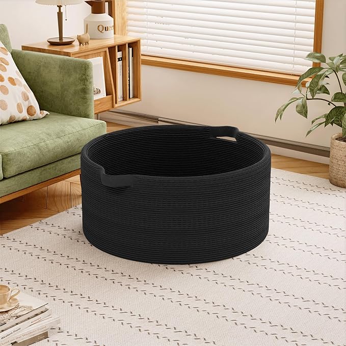 125L Extra Large Blanket Basket, 25" x 16", Jumbo Laundry Woven Baskets Decorative Home, Cotton Rope Basket with Handles, Baby Toy Baskets for Storage, Black, 2PC-VerdiqueGarden