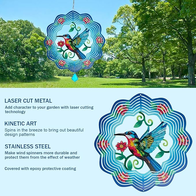 Hummingbird Metal Wind Spinners - 12 Inch Hanging Metal Wind Spinner for Outdoor & Indoor Decor, Hummingbird Kinetic Sculpture for Christmas Ornament Gifts, Yard Art and Garden Decorations-VerdiqueGarden