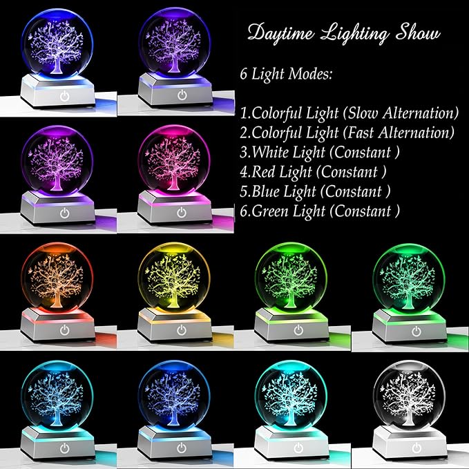 Qianwei 3D The Tree of Life Crystal Ball with LED Colorful Lighting Touch Base,Flower of Life Meditation Chakra Grid Night Light, Sacred Geometry Art Symbol for Spiritual Decor-VerdiqueGarden