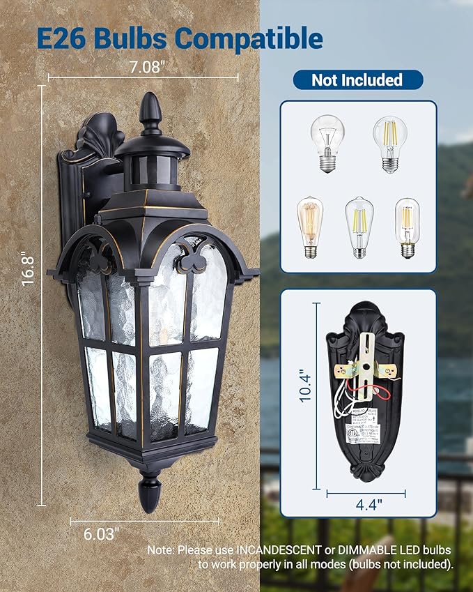 DEWENWILS Motion Sensor Outdoor Wall Lights Dusk to Dawn Exterior Light Fixture Wall Mount, Outdoor Porch Light with Water Ripple Glass, Wall Sconce Lantern for House Garage Patio-VerdiqueGarden