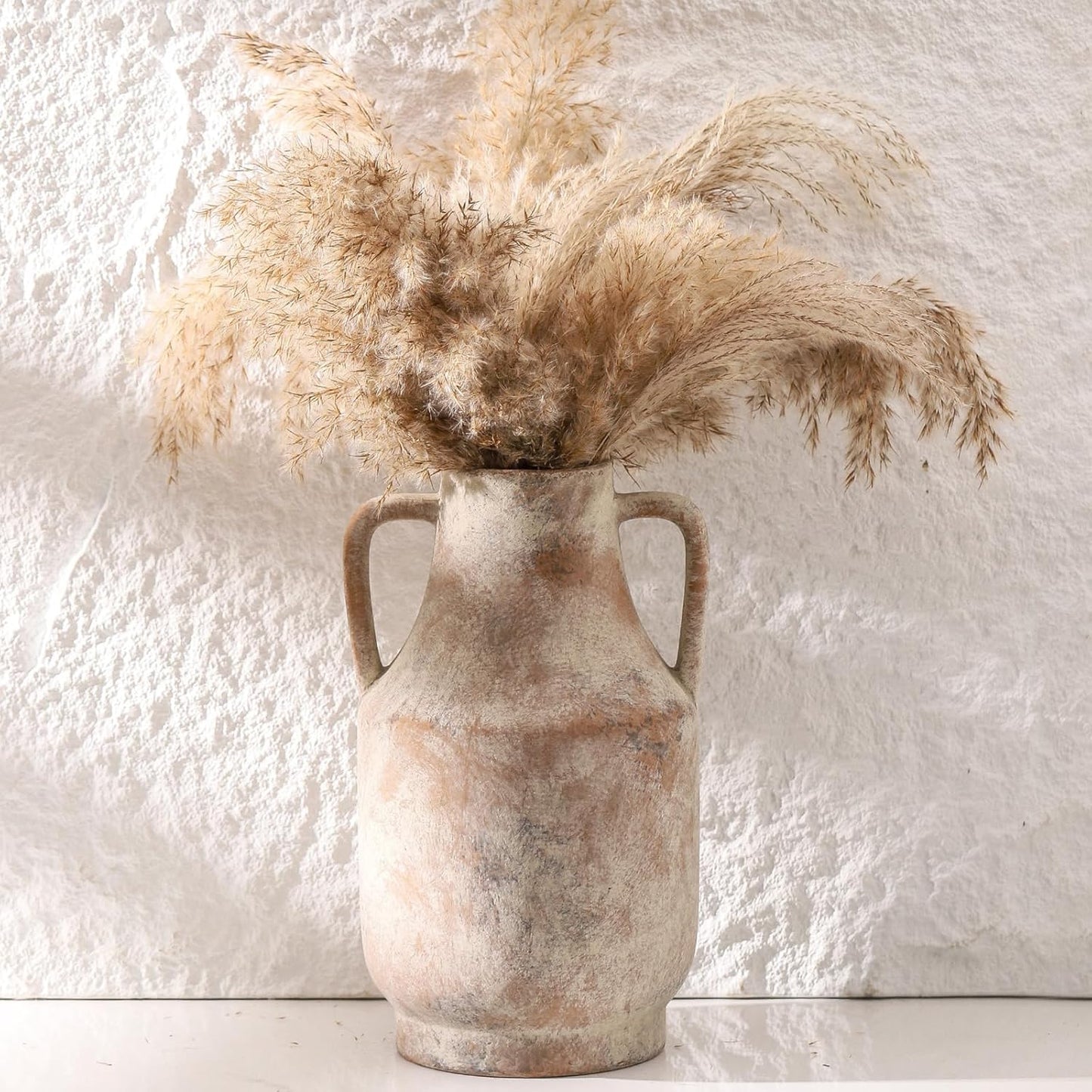 Mitt&Ditt Ceramic Flower Vase with Handles, 11 inch Tall Vase for Centerpieces, Large Decorative Terracotta Vases, Farmhouse Rustic Vases for Home Decor, Living Room, Table, Neutral-VerdiqueGarden