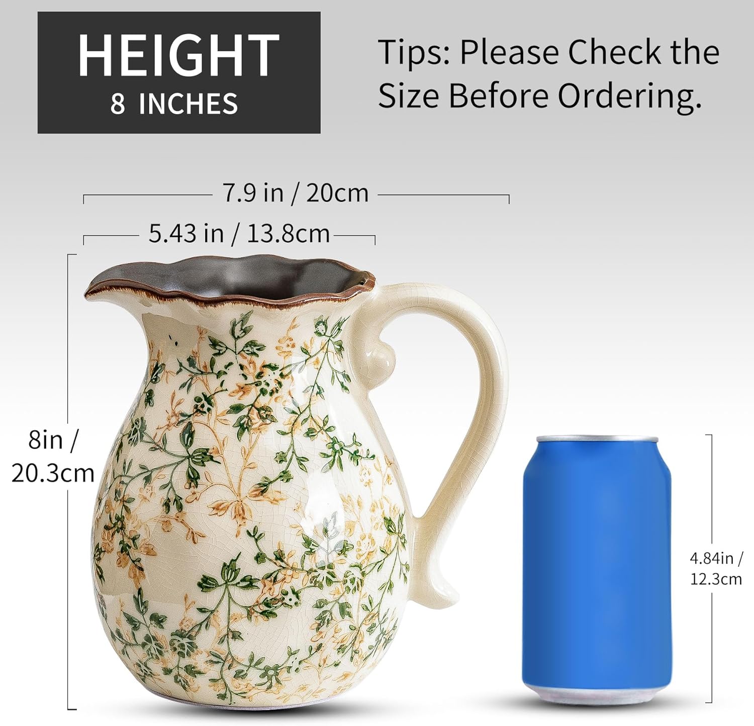 Green and White Vintage Vase with Handle, Chinoiserie Floral Pitcher Vase, Rustic Ceramic Farmhouse Vases for Home Decor, Living Room, Bookshelf, Office, Grand Millennial Decors, Tuscan Decor 7.9 Inch-VerdiqueGarden