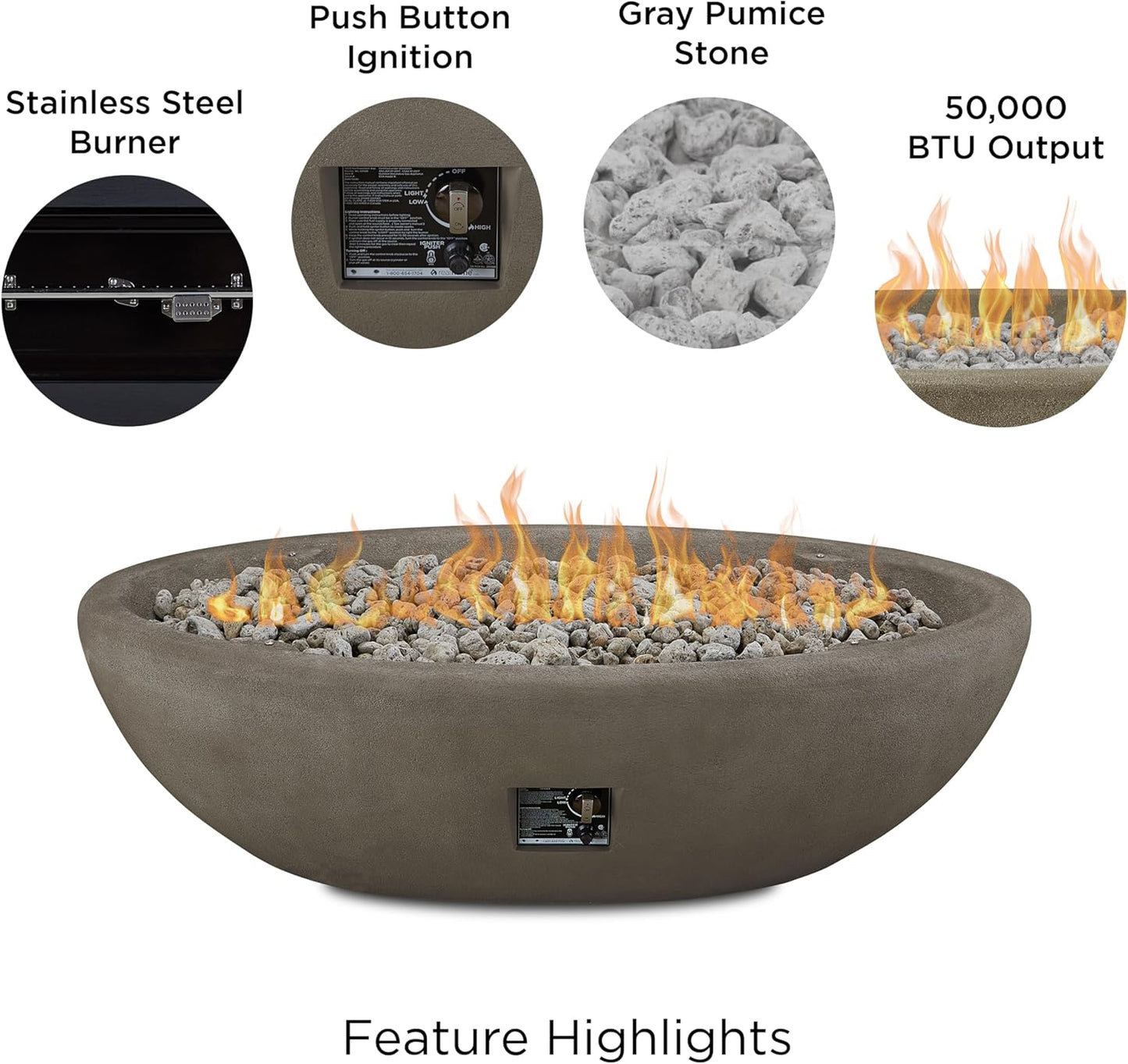 Real Flame Riverside 58" Oval Propane Fire Pit Bowl, Push-Button Ignition, Includes 28" Stainless Steel Burner, Lightweight 50,000 BTUs of Heat - Adjustable Flame Height-VerdiqueGarden