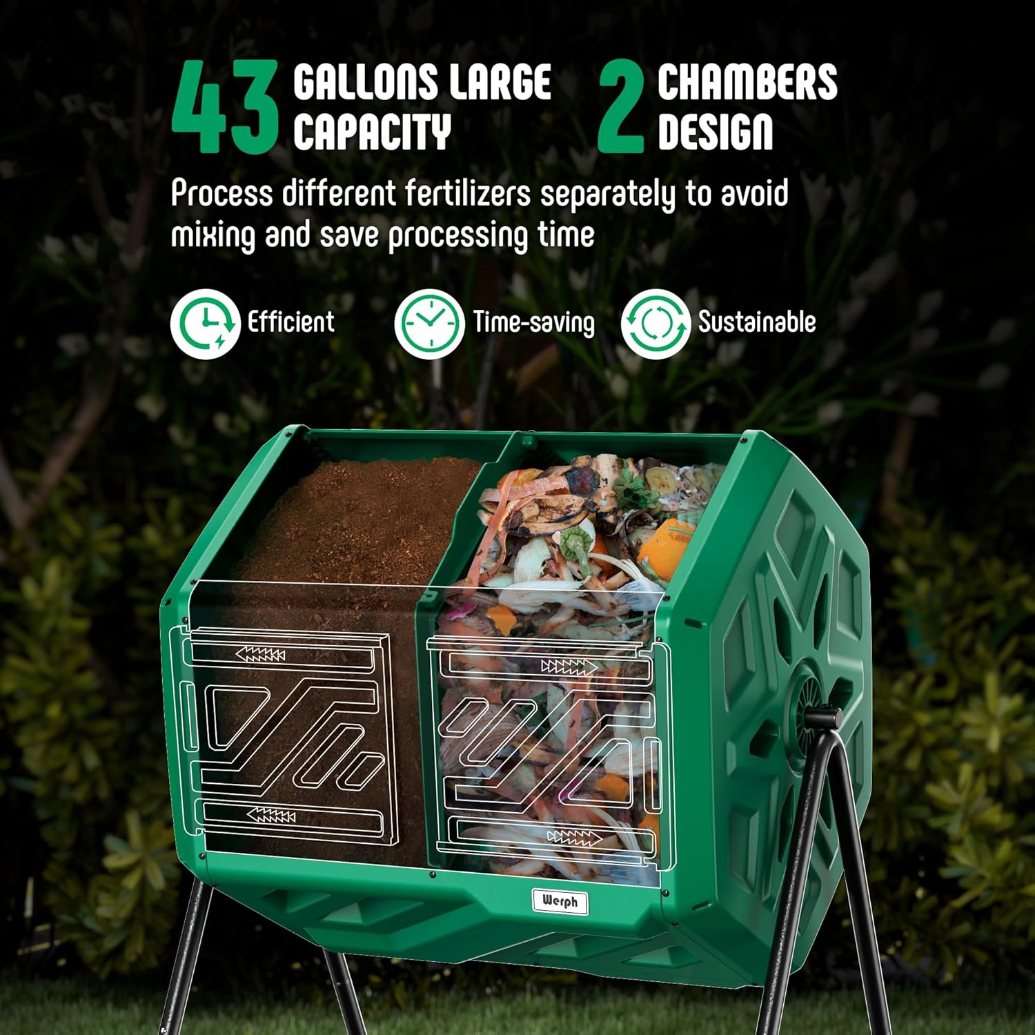 Compost Bin, Outdoor Composter, Fast Assembly 43 Gallon Dual Chamber Outdoor Compost Tumbler, Heavy Duty Tumbling Rotating Composter for Patio, Garden,Yard, Green, Easy Setup, Gloves Included-VerdiqueGarden