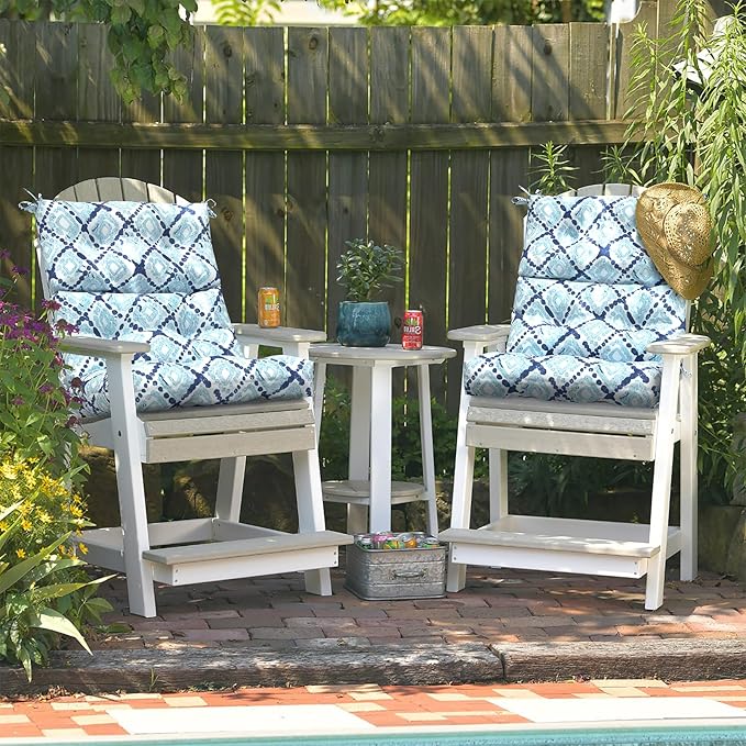 LVTXIII Outdoor Tufted High Back Cushions Set of 2 Patio Seasonal Replacement Rocking Chair Cushion with Ties, Solid Seat and Back Chair Cushion, (44” L x 22W”, Boho Geometry Blue)-VerdiqueGarden