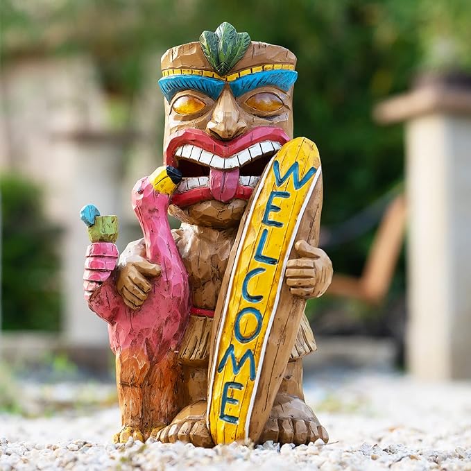 Welcome Tiki Statue with Surfboard Flamingo-Solar Outdoor Decor - Tiki Man with Automatic Switch On Flickering Eyes LED Light for Tiki Bar Decorations, Patio, Balcony, Yard,Lawn,Gifts-VerdiqueGarden