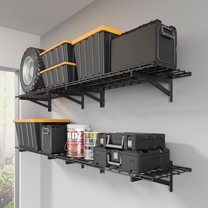 4 Pack Heavy Duty Garage Wall Shelving Set (1.5x4ft), Wall Mounted Garage Shelves 1000lbs Capacity, 18"x96" Shelf Storage Rack Floating Shelves, Black-VerdiqueGarden