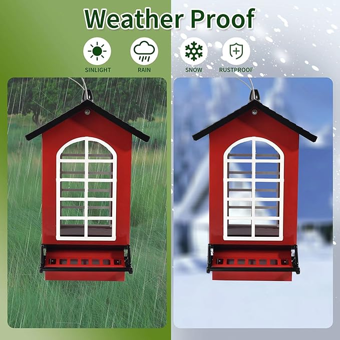Bird Feeder Squirrel Proof Metal Hanging for Outdoor Wild Bird Seed, 5LBS with Bilateral Weight-Activated Perches, Heavy Duty Bird Feeders for Outside Wild Bird - Red-VerdiqueGarden