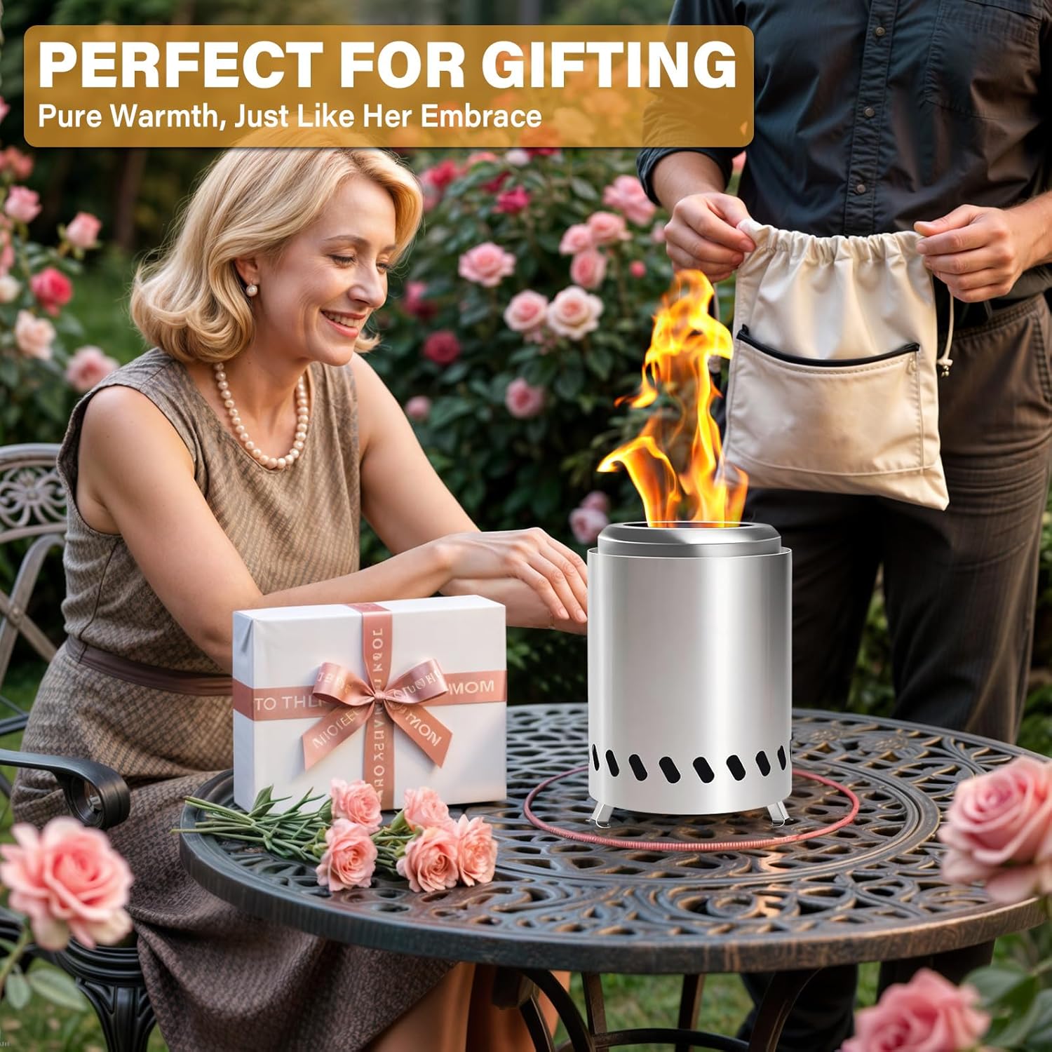 HGD Small Tabletop Fire Pit, Smokeless Table Top Firepit, Portable Mini Stove with Carry Bag for Camping Backyard Patio Garden Picnic, Fueled by Pellets or Wood, Stainless Steel, Silver-VerdiqueGarden