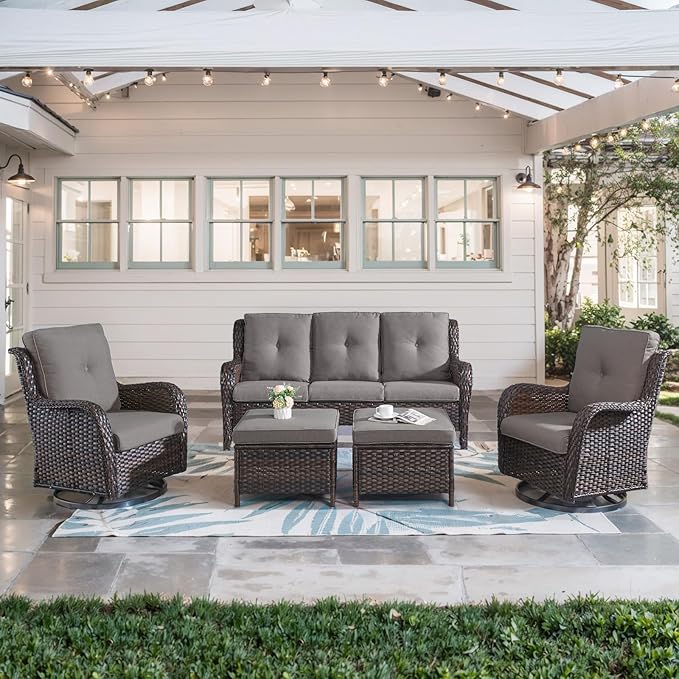 5 Piece Outdoor Patio Furniture Set - Wicker Furniture Patio Conversation Set, Outdoor Swivel Rocker Chairs with 3-Seater Sofa and 2 Ottomans for Small Space, Gray Cushion-VerdiqueGarden