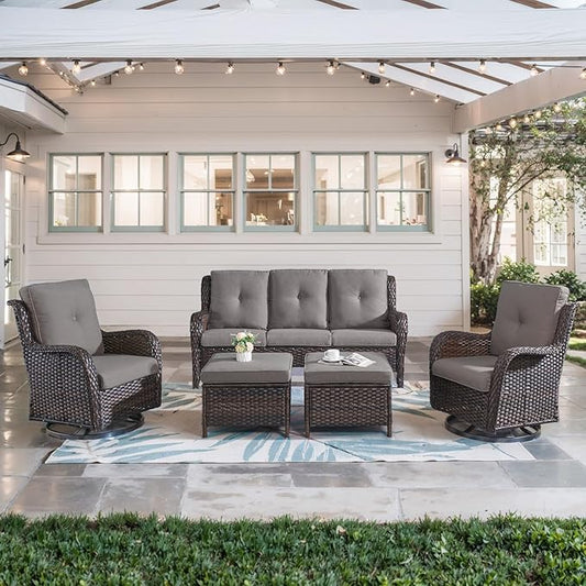 5 Piece Outdoor Patio Furniture Set - Wicker Furniture Patio Conversation Set, Outdoor Swivel Rocker Chairs with 3-Seater Sofa and 2 Ottomans for Small Space, Gray Cushion-VerdiqueGarden