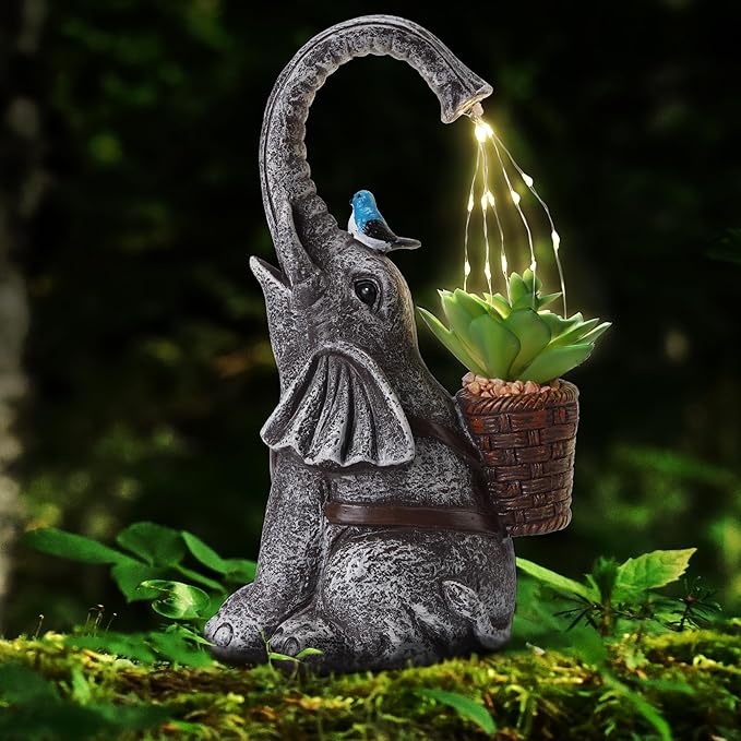 Solar Elephant Watering Effect LED Lights Garden Statue, Outdoor Garden Decor for Lawn, Balcony, Yard, Gifts for Mom, Grandma, Wife-VerdiqueGarden