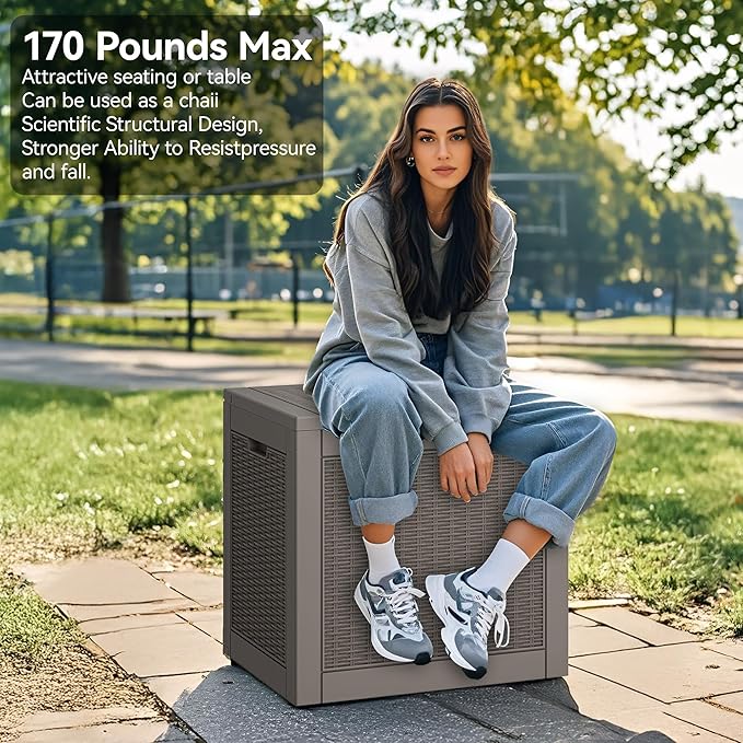 NUNU LAB 30 Gallon Waterproof Resin Deck Box, Lockable Outdoor & Indoor Storage Bench for Patio Cushions, Garden Tools, Pool Accessories & Package Deliveries – Grey-VerdiqueGarden