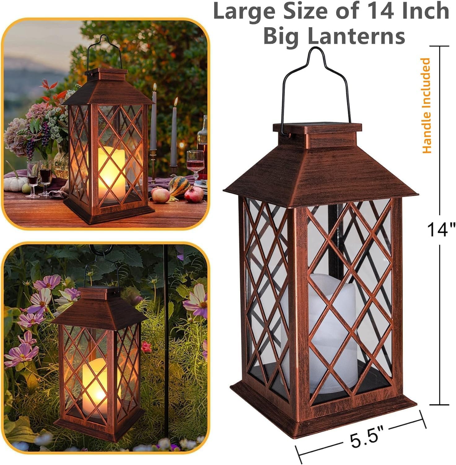 [2 Pack] TAKE ME 14" Solar Lantern Outdoor Garden Hanging Lantern Waterproof LED Flickering Flameless Candle Mission Lights for Table,Outdoor，Mothers Day Gifts Mom Wife-VerdiqueGarden