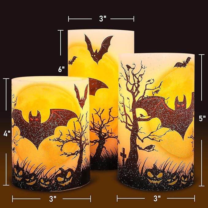 Halloween Decorations LED Candles with Bats Moon Big House Pumpkin Battery Operated Remote Timer Dim Glitter Design Real Wax Realistic Flickering Flameless Pillar for Horror Spooky Decor-VerdiqueGarden