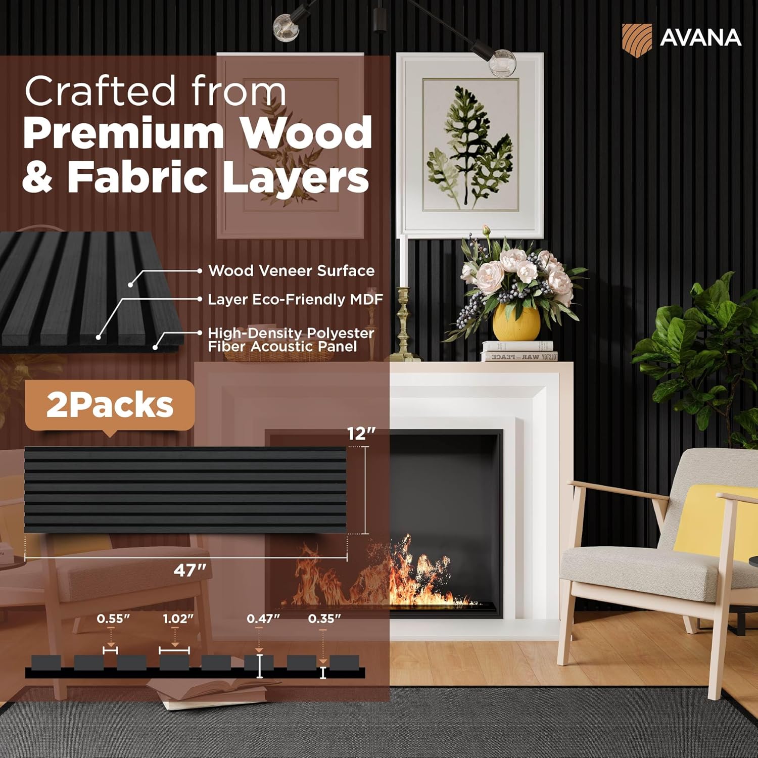 Avana Acoustic Wood Wall Panels – 47.2 X 12.6 Inch Black Oak Acoustic Panels 2 PCs – Modern Wall Panels For Interior Wall Decor For Homes, Offices, Studios – Sturdy And Durable Wood Panels For Wall-VerdiqueGarden