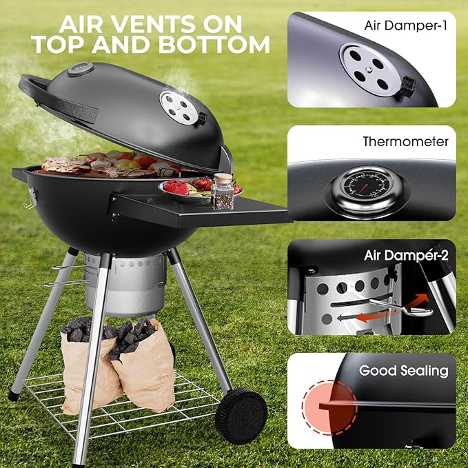 Premium 22 Inch Charcoal Grills with 2 Foldable Tables, BBQ Grill with Cover, Outdoor Barbecue Grill with Ash Catcher, Portable Charcoal Kettle Grills with Wheels for Camping Party Backyard-VerdiqueGarden