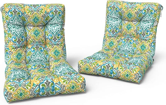 LVTXIII Outdoor Tufted Low Back Cushions, Solid Fluffy Seat and Back Chair Cushion with Ties, Patio Replacement Rocking Chair Cushion for Outdoor Furniture Use, 21 W x 21D, 2 Pack, Damask Green-VerdiqueGarden