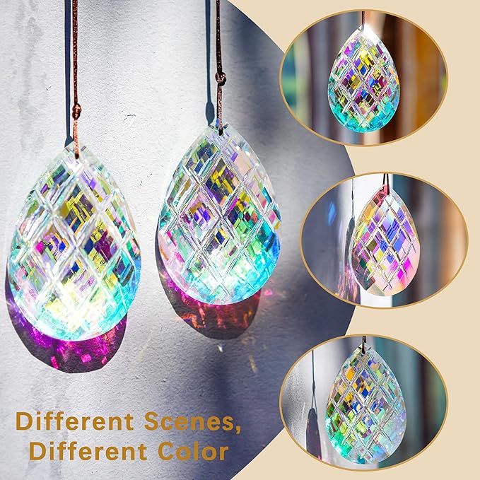HDCRYSTALGIFTS Set 2 Crystal Sun Catcher Prisms Pendant for Window Hanging Decor,3inch AB Colored Crystal Suncatchers Rainbow Maker Light Catcher for Home Indoor Garden Ornament-VerdiqueGarden