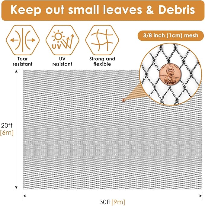 PACETAP Pond Netting Kit 20 x 30 Ft,Pond Netting for Leaves,Koi Pond Cover,Heavy Duty Koi Pond Netting,Pool Protective Cover Netting Protecting Koi Fish from Birds, Cats -Stakes Included-VerdiqueGarden