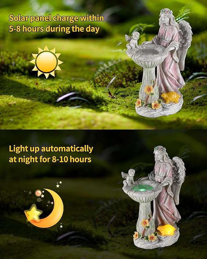iStatue Solar Angel with Mushroom Bird Bath Statue - 9.5'' Garden Decor for Outside Clearance, Color-Changing Lights Lawn Ornaments Baby Turtle Figurine for Yard Patio Balcony (Angel)-VerdiqueGarden