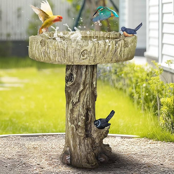 SunJet 24.4 Inch Heigh Wood-Look Concrete Bird Bath with Decorative Faux Bird – birdbath Rustic & Long-Lasting Design, Enhances Garden, Patio, Yard, Lawn Décor-VerdiqueGarden