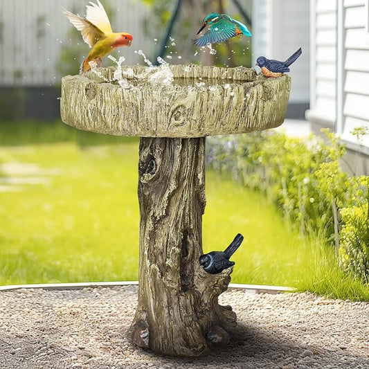 SunJet 24.4 Inch Heigh Wood-Look Concrete Bird Bath with Decorative Faux Bird – birdbath Rustic & Long-Lasting Design, Enhances Garden, Patio, Yard, Lawn Décor-VerdiqueGarden