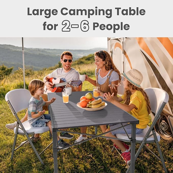 Portable Outdoor Camping Table Large for 2-6 Person - Foldable Camp Table with Aluminum Roll-Up Top & Carry Bag for BBQ, Tailgating, Backyard, 220 Lbs Capacity, Stable & Sturdy (Black)-VerdiqueGarden