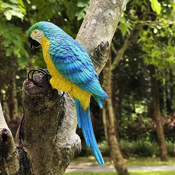 Realistic Parrot Sculpture Resin Hanging Parrots Garden Statues Lifelike Bird Figurines Landscape Ornament Patio Yard Lawn Figurine Tree Decor, Outdoor Garden Wall Statues (Blue)-VerdiqueGarden
