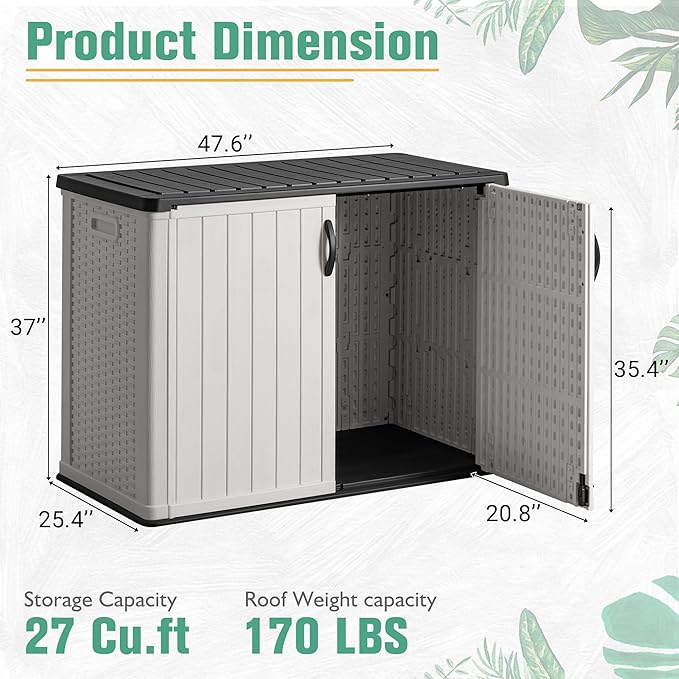 Greesum Outdoor Horizontal Storage Sheds 27 Cu.ft Resin Large Storaged Box Weather Resistance, Without Shelf, Easy to Assemble, Prefect for Garden, Patios, Backyards, White-VerdiqueGarden