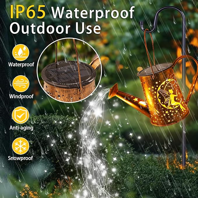 Big Solar Powered Watering Can Lantern & Moon Fairy Garden Decor Set Outdoor Waterproof Hanging Path Lights with Shepherd Hooks, Perfect Patio Decor Gardening Gift for Women, Mom, Grandma (Cool White)-VerdiqueGarden