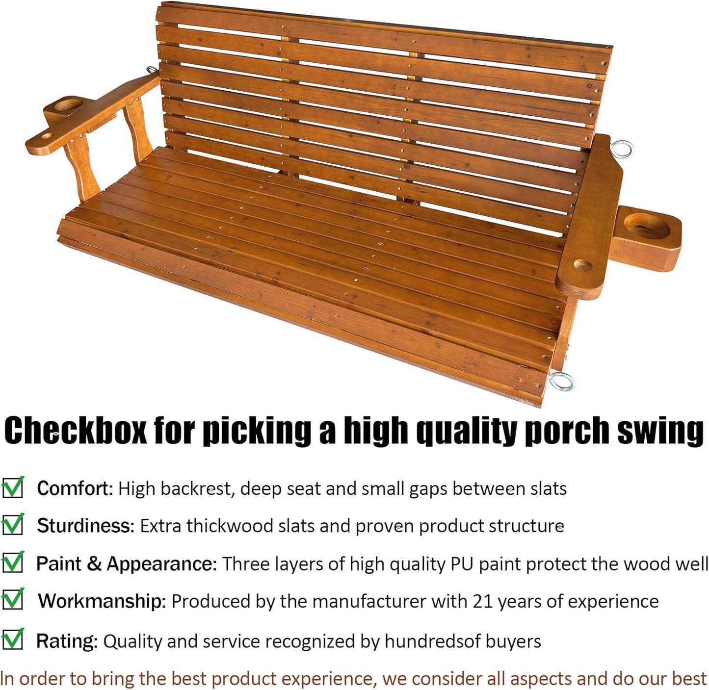 Wooden Porch Swing 2-Seater, Bench Swing with Cupholders, Hanging Chains and 7mm Springs, Heavy Duty 800 LBS, for Outdoor Patio Garden (Warm Teak Color, 5 FT Extra Large)-VerdiqueGarden