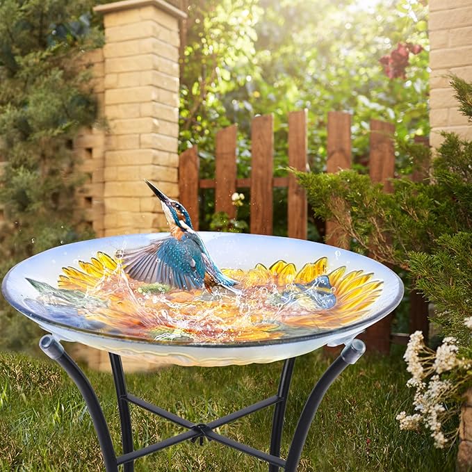 VCUTEKA Bird Baths for Outdoors, Glass Bird Bath with Metal Standing for Garden, Yards Patio Décor, Bird Lovers Gift, Sunflower Glass Birdbath Detachable (22" H * 18" W)-VerdiqueGarden