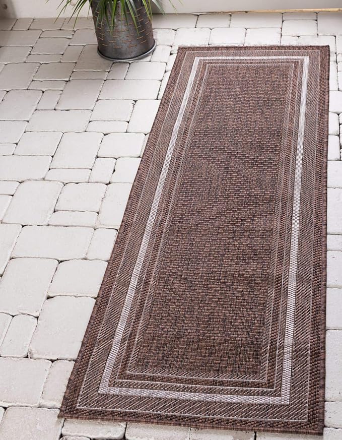 Unique Loom Outdoor Border Collection Area Rug - Soft Border (2'x 6' 1" Runner, Brown/ Ivory)-VerdiqueGarden