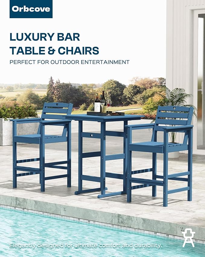 3-Piece Bar Height Patio Table and Chairs Set, HDPE Wood Grain Outdoor Bar Table and Chairs with Heart Cutout Design, Weather-Resistant Bar Height Furniture for Deck, Porch, Pool (Navy Blue)-VerdiqueGarden