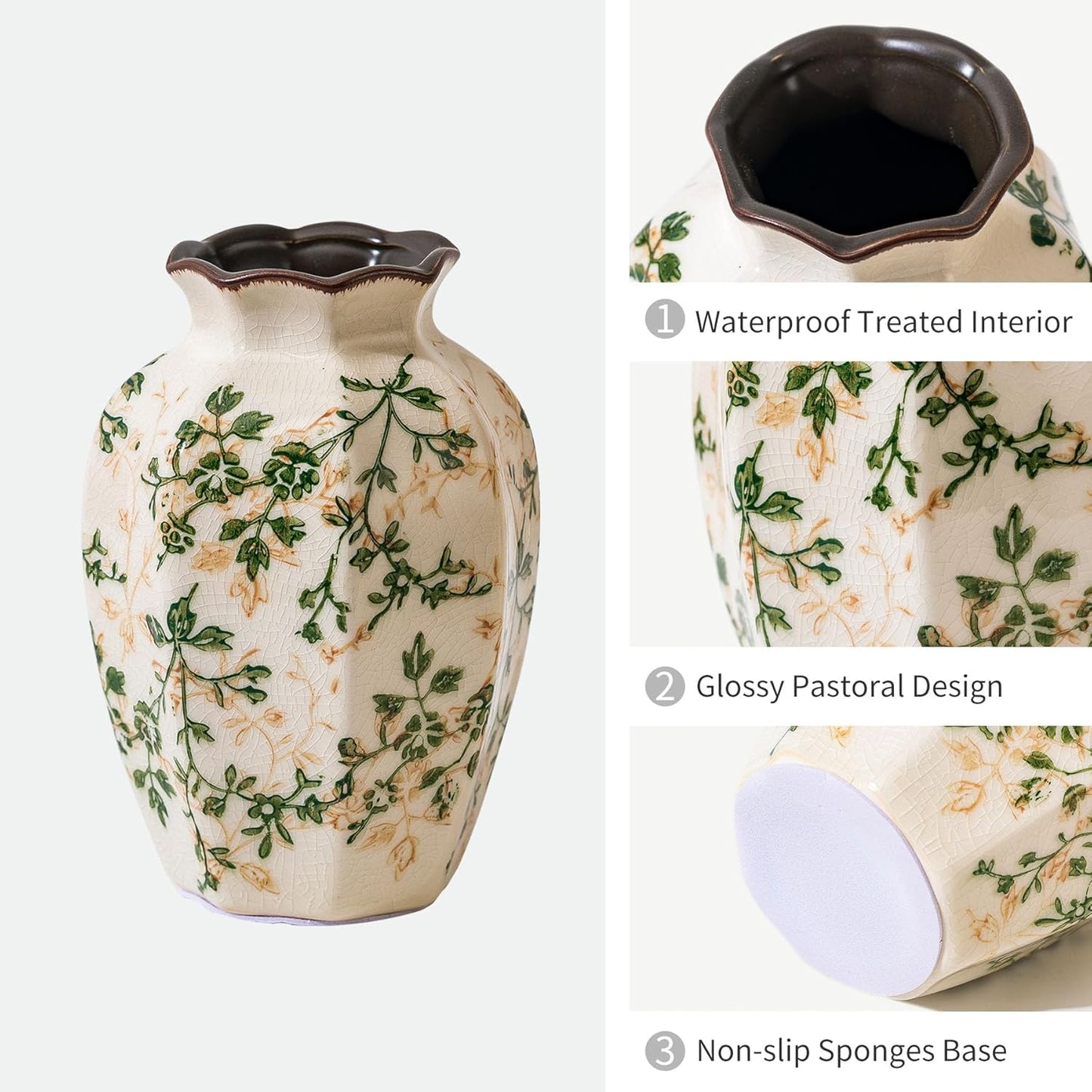 Vintage Pastoral Octagonal Vase, Green and Beige Retro Ceramic Flower Vases, Rustic Farmhouse Vases Chinoiserie Floral Small Vase for Home Decor, Living Room, Kitchen, Bedroom and Shelf 6.7 Inch-VerdiqueGarden