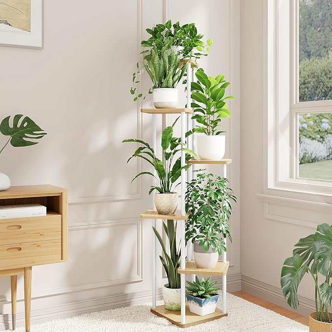 Bamworld Tall Plant Stand Indoor, 6 Tier Metal Plant Shelf for Multiple Plants, Corner Tiered Flower Stand for Patio Garden Balcony Living Room Bedroom(White)-VerdiqueGarden