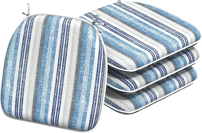 Indoor/Outdoor Chair Cushions 16x17 Inch, Patio Chair Cushions with Ties, All Weather Seat Cushions for Patio Furniture Home Garden Chair Use, Set of 4, Stripe Layered Blue-VerdiqueGarden