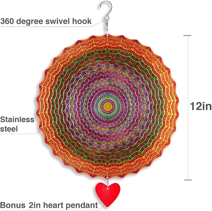 SteadyDoggie 12-Inch Wind Spinner Mandala Thangka - 3D Stainless Steel Laser Cut Metal Art - Reflective Geometric Pattern Kinetic Yard Decoration - Hanging Wind Spinners for Indoor and Outdoor Use-VerdiqueGarden