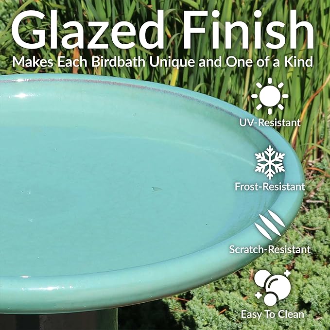 Sunnydaze 21" H Ceramic Bird Bath for Outside - Hand-Painted Outdoor Bird Bath Bowl, UV/Frost-Resistant Finish - Seafoam - Cut Out Pedestal-VerdiqueGarden