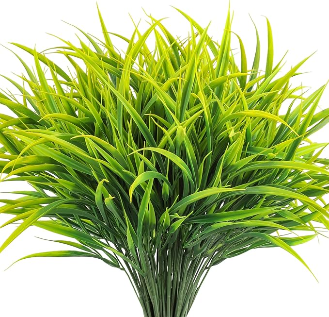 Ouddy Decor 16 Bundles Artificial Plants Outdoor Fake Grass Greenery Stems UV Resistant Faux Plastic Plants Shrubs for Spring Summer Home Garden Pathway Window Box Front Porch Decor, Yellow-VerdiqueGarden