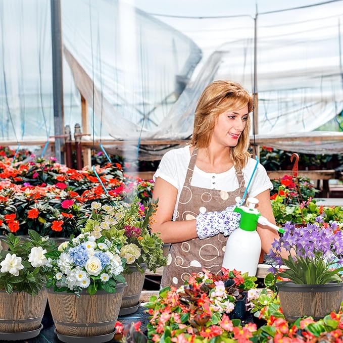 10-inch-Plant-Pots-Indoor-Outdoor, 4 Pack Whiskey Barrel Planters with Drainage Holes & Saucer, Plastic Flower Pots Imitation Wine Barrel Design, Decorative Garden Pots for Plants-VerdiqueGarden