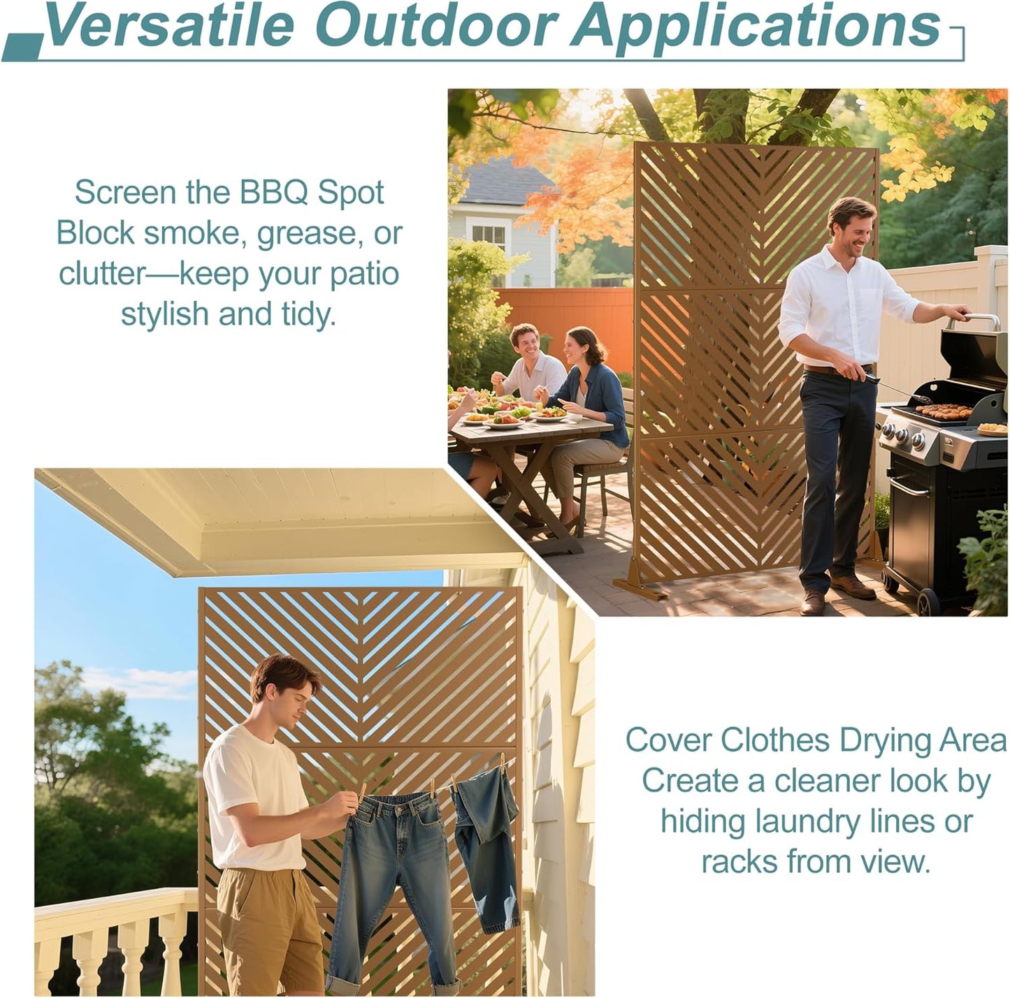 Metal Privacy Screen Outdoor Freestanding Privacy Wall Panels and Decorative Patio Dividers,Crafted from Steel with Sun-Proof Design, Ideal for Patio, Deck, Garden,72" H×47" L,（Brown&Parallel-VerdiqueGarden