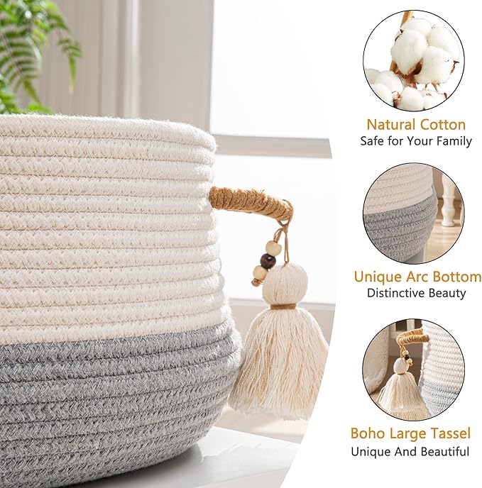 KAKAMAY Woven Baskets for Storage(16"x8"),Blanket Basket for Organizing Living Room,Cotton Rope Basket Woven Baby Laundry Hamper,Collapsible Laundry Room Organization,Clothes,Toy Chest(Grey)-VerdiqueGarden