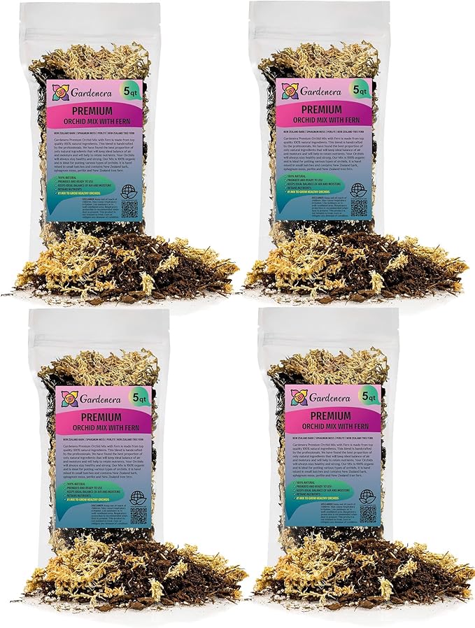 Premium Orchid Mix by GARDENERA - 20 Quart - Fern + New Zealand Pine Bark + Sphagnum Moss + Perlite | Best for Growing and Repotting Orchids (4 Bags of 5 QT)-VerdiqueGarden