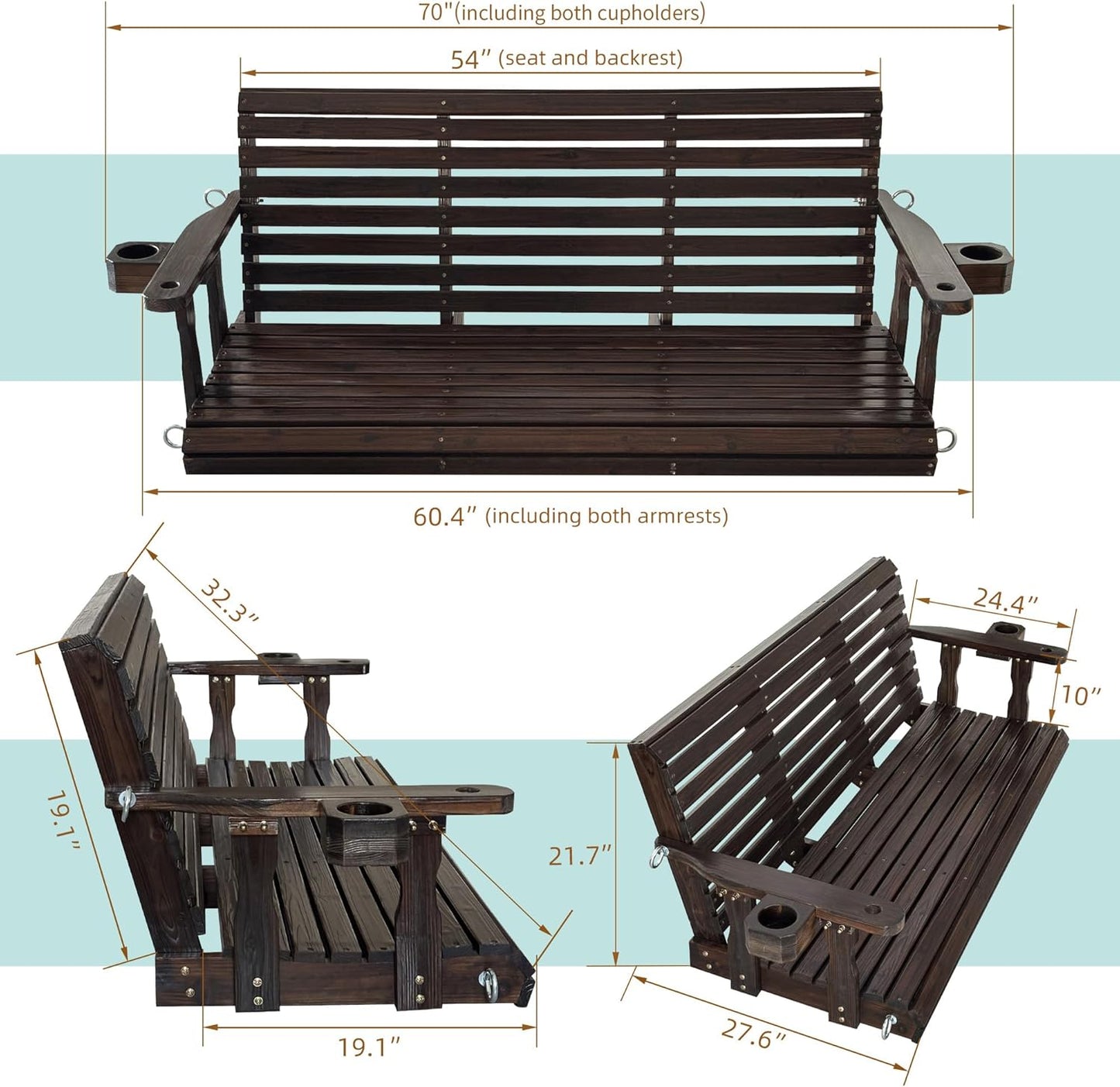 Fortune Candy Wooden Porch Swing 3-Seater, High Backrest and Deep Seat, Bench Swing with Cupholders, Hanging Chains and 7mm Springs, Heavy Duty 880 LBS (Deep Brown, 5 FT Extra Large)-VerdiqueGarden